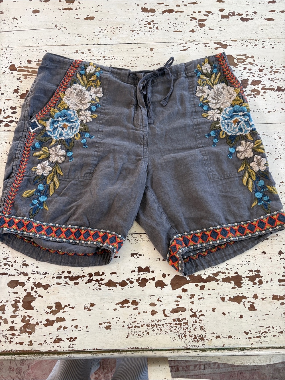 Embroidered Black Floral Linen Shorts